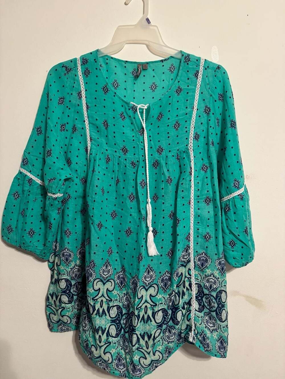 Women's Teal Boho Peasant Blouse with Tassel Tie